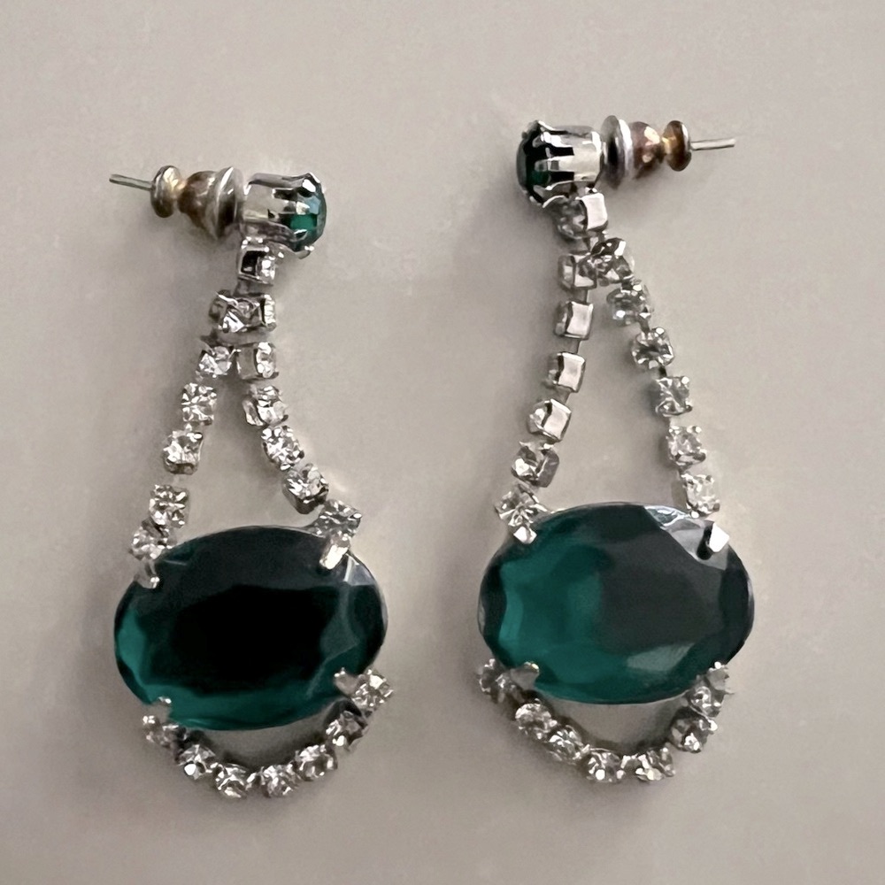 Vintage Silver and Green Rhinestone Earrings